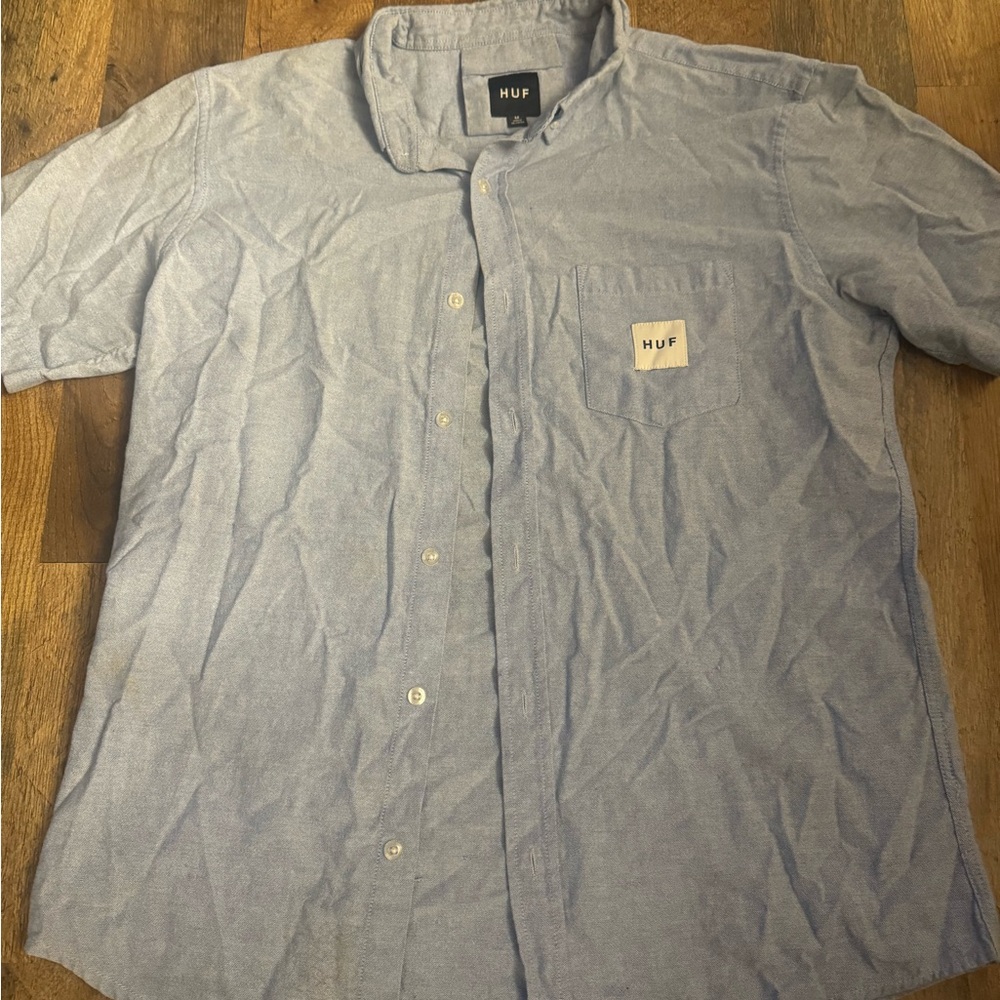 HUF Men's Casual Blue Button Down Shirt